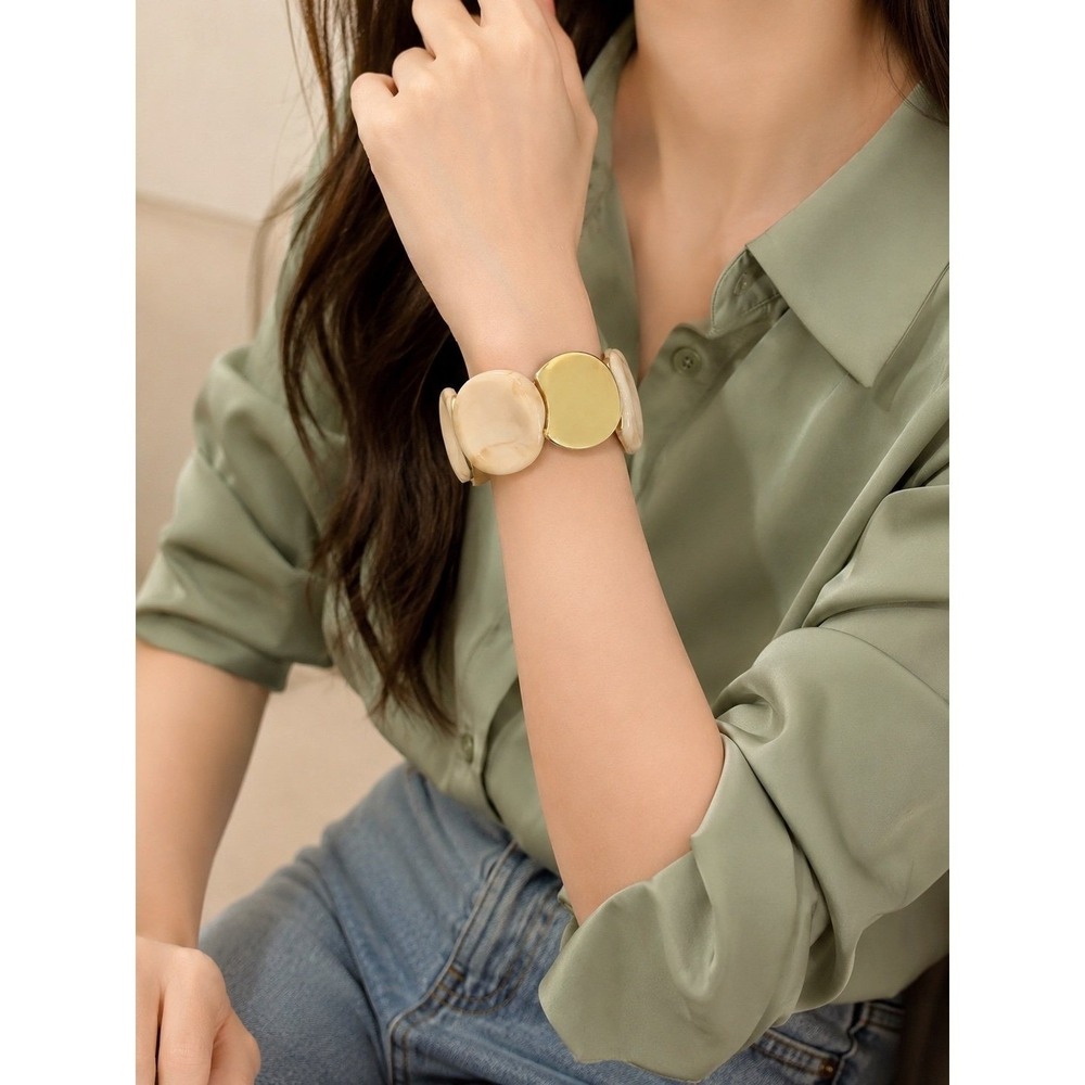 Chunky Gold & Ivory Resin Stretch Bracelet Statement Cuff Boho Chic‎